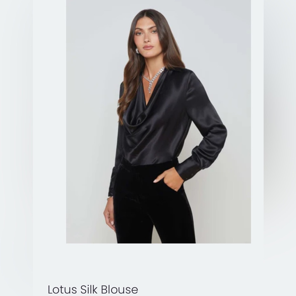 L'AGENCE Black Draped Silk Blouse with collar